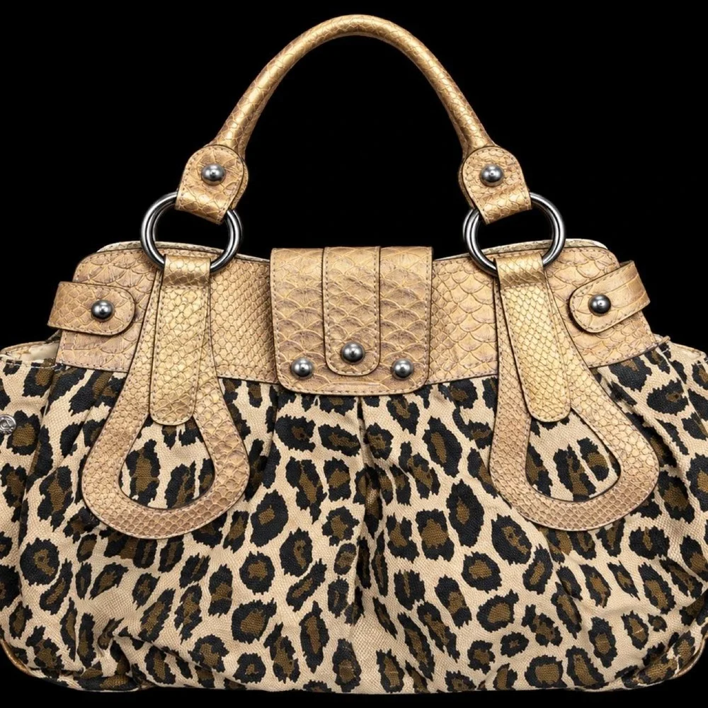 Vintage 90s GUESS Leopard Print Gold Handbag Y2K Big G Snakeskin Mafia Mob